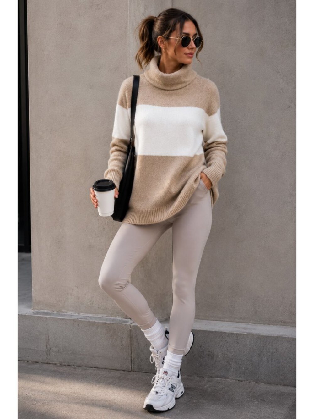 Athleta XS 100% Cashmere Colorblock Turtleneck Sweater Beige Ivory Quiet Luxury